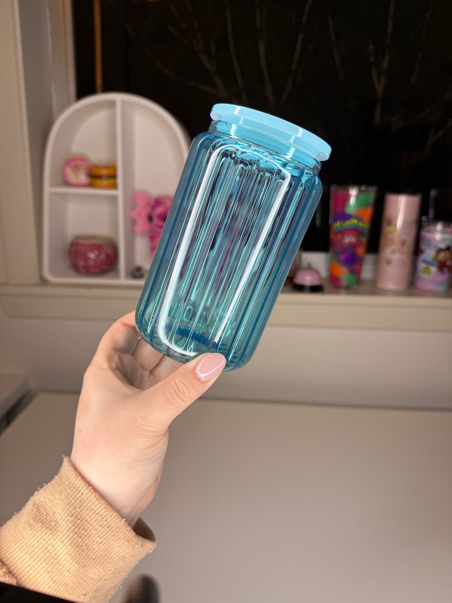 16oz Ribbed Glass Transparent Tumbler