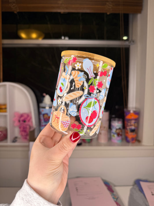 17oz Yellow Glass Mug Cherry Picnic Scene
