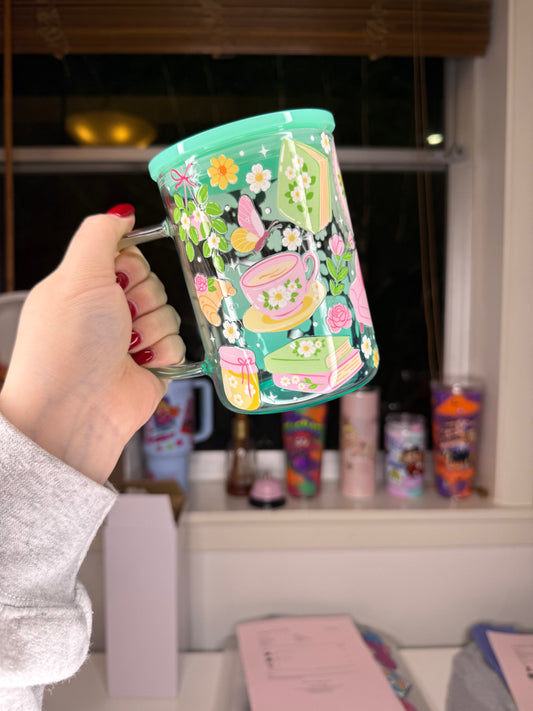 17oz Green Glass Mug Cozy Garden Scene