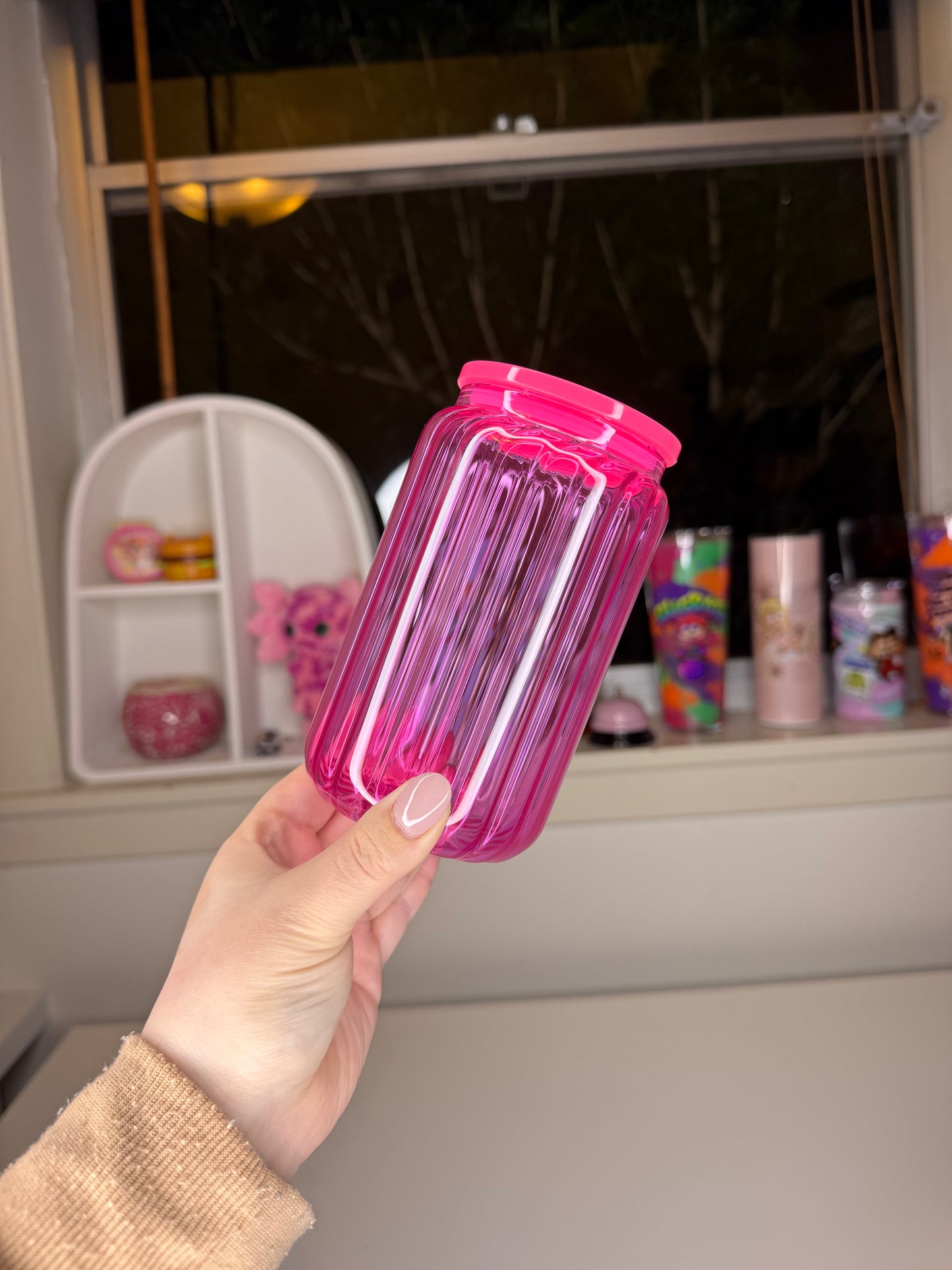 16oz Ribbed Glass Transparent Tumbler