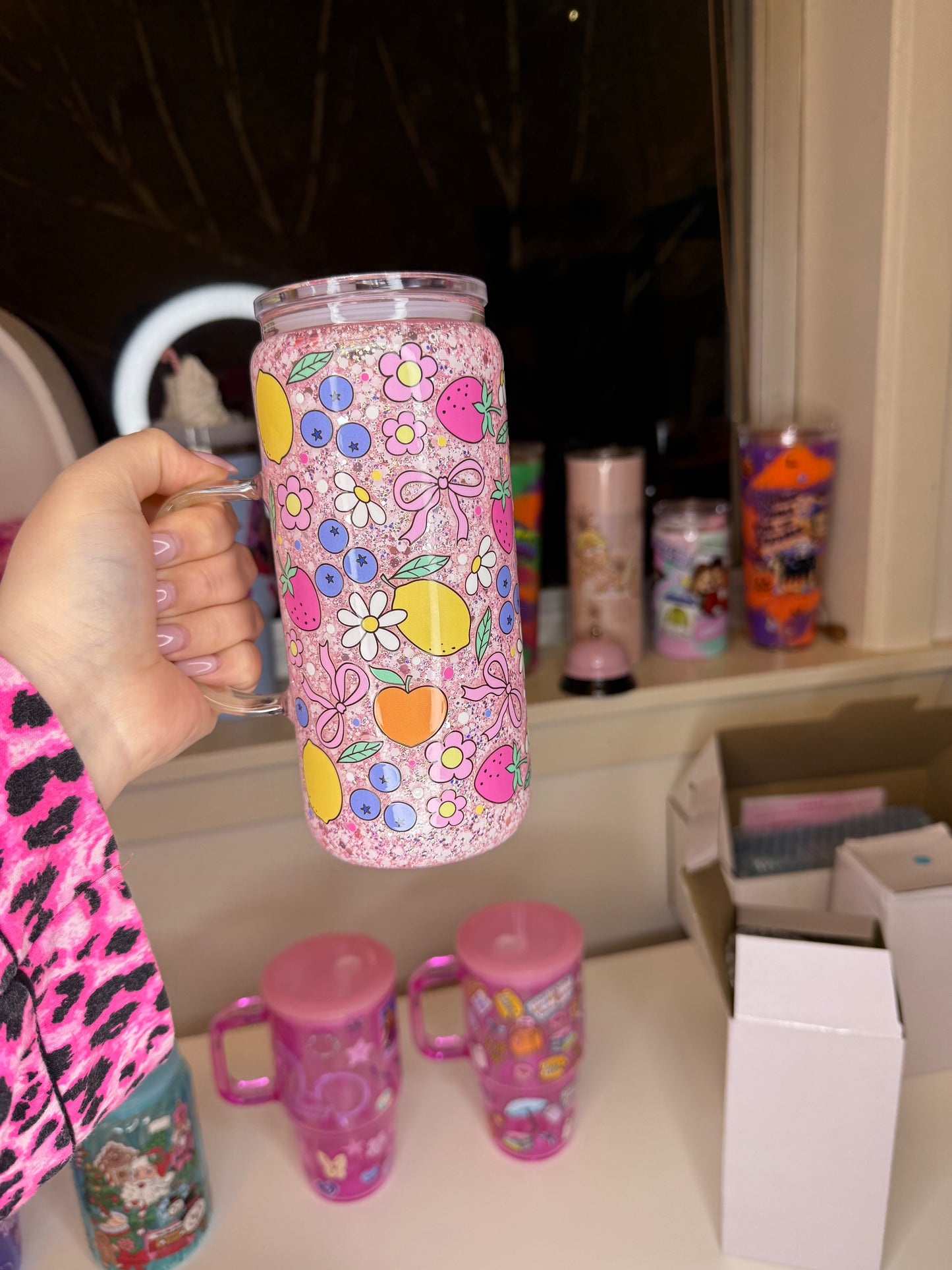 16oz Glass Handle Snowglobe Tumbler